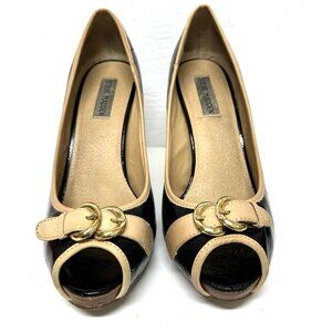 Steve Madden black patent leather pumps size 10M Peep Toe Buckle Coquette Office